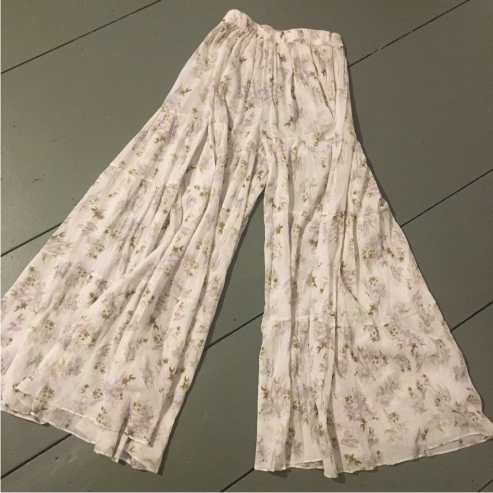 Free People Floral Wide Leg Pants - Cream and Green